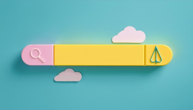 A colorful search bar design against a teal background, featuring playful elements like clouds and icons for a modern digital look. - Powered by Adobe