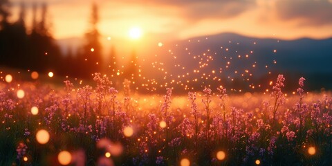 Naklejka premium Enchanting sunset over a meadow filled with wildflowers and glowing fireflies in a serene landscape