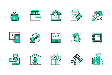 Financial transactions and banks - set of line design style icons. Budget planning idea. High quality images of wallet, transaction, currency exchange, dollar and euro, savings, cash and gift