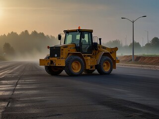Early morning at the construction site, mist rising off fresh asphalt, a new day for road repair
