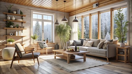 Naklejka premium Scandinavian Eco-Nest: Clean lines, natural light, and materials like birch wood and linen for a cozy and sustainable Scandinavian vibe.