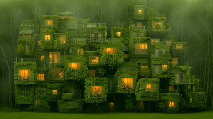 A green building with many windows and a lot of greenery. The building is lit up at night