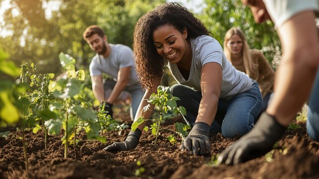 A diverse group of people planting trees in a community garden, symbolizing collective efforts in reforestation and combating climate change.