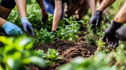 A diverse group of people planting trees in a community garden, symbolizing collective efforts in reforestation and combating climate change.