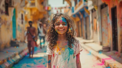 Young girl at Holi festival in India. Face and hands in bright colors.