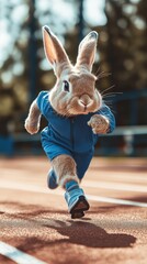 A light brown rabbit wearing a blue tracksuit races on a running track, showcasing its determination and agility during a bright afternoon