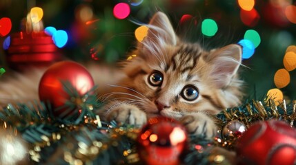 A festive Christmas scene featuring adorable kittens amidst holiday decorations, capturing the cozy and joyful spirit of the season