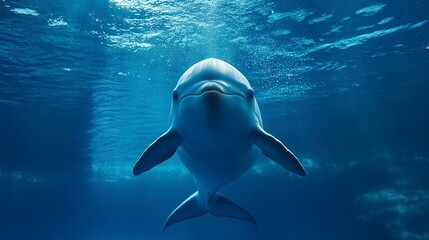 Fototapeta premium A serene beluga whale with a friendly appearance swims towards the viewer in the clear blue waters of its marine habitat