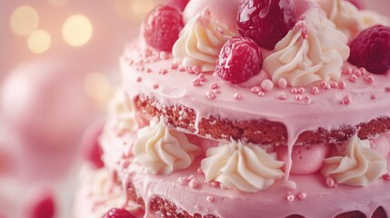 A Delectable Pink Cake with Raspberry Toppings