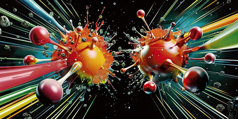 Cosmic Collision. Colorful depiction of two proton particles colliding on black background