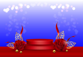 The beautiful Russia mockup for a product presentation. The vector background with red roses, golden leaves and pearls. Holiday banner.