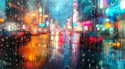 Fototapeta premium Virtual raindrops cascade down a digital pane, warping the outside world into a captivating blur of color and shape.