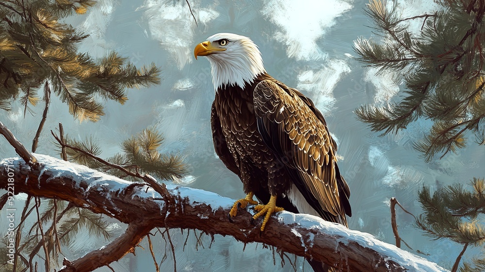 Sticker Bald Eagle on the branch of a tree. Digital painting