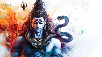 Beautiful digital painting of lord Shiva with divine serpent on white background for sale
