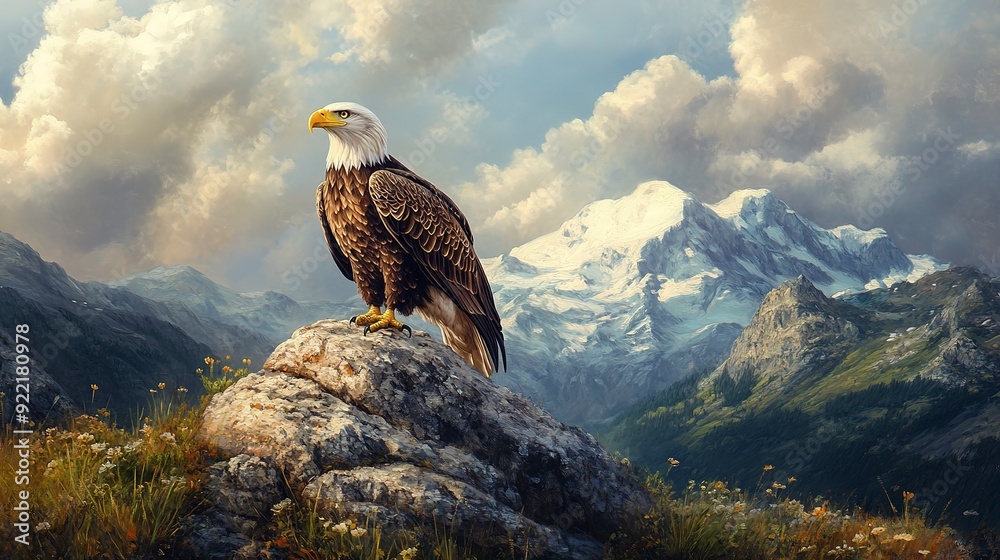 Canvas Prints a painting of a bald eagle on a rock