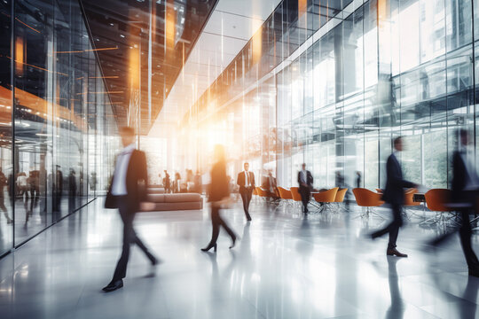 Bright business workplace with people in walking in blurred motion in modern office space