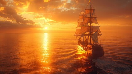 sunset over the sea with pirate ship