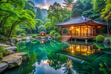 Obraz premium Serene Sanctuary: Tranquil, peaceful, meditative, calming colors, natural elements