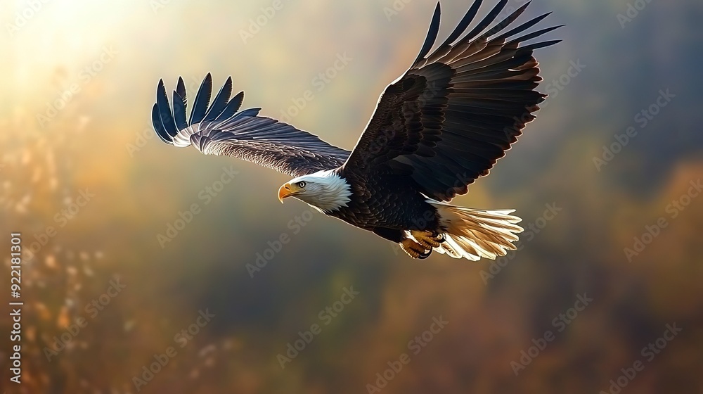 Canvas Prints American Bald Eagle flying on US flag background. National emblem of the United States. America veterans day or Independance day symbol