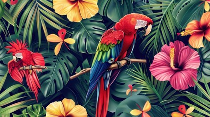 Fototapeta premium Two striking parrots sit on branches surrounded by bright tropical blooms and dense green foliage