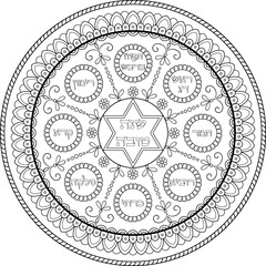 Jewish new year holiday dish mandala plate with names in hebrew illustration. Coloring page for kids, decoration, cover,wall art