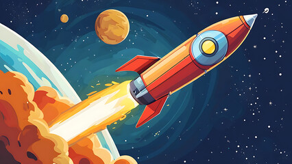 Naklejka premium Cartoon rocket orbiting a planet