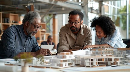 A diverse group of architects and engineers reviewing blueprints and models of a new building, showcasing the collaborative effort in construction planning