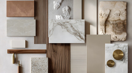 a material mood board for kitchen, neutral colors