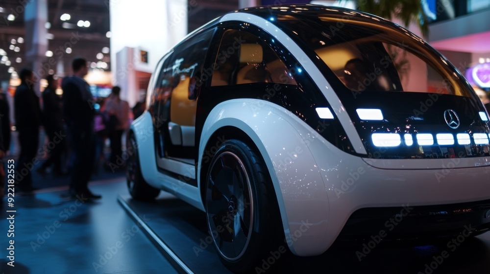 Poster a sleek electric vehicle is displayed at an auto expo, featuring vibrant lights and attracting an en