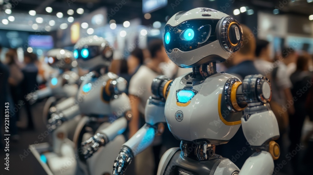 Poster A lineup of humanoid robots with glowing features stands proudly at a tech expo filled with curious attendees.