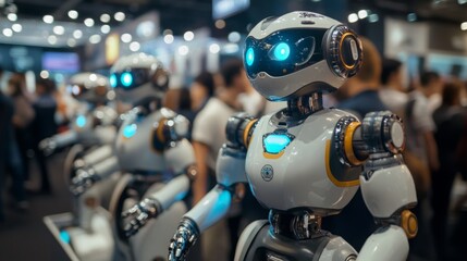 A lineup of humanoid robots with glowing features stands proudly at a tech expo filled with curious attendees.