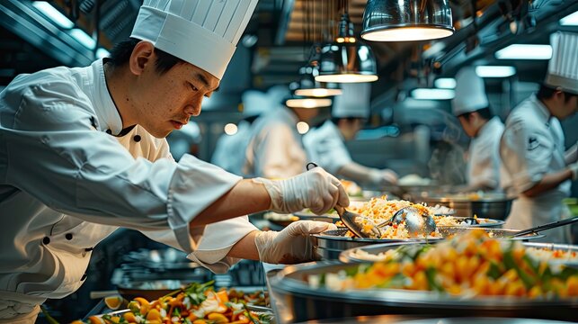 A team of chefs collaborating on a new menu, with ingredients and recipes, highlighting the creative teamwork in culinary arts