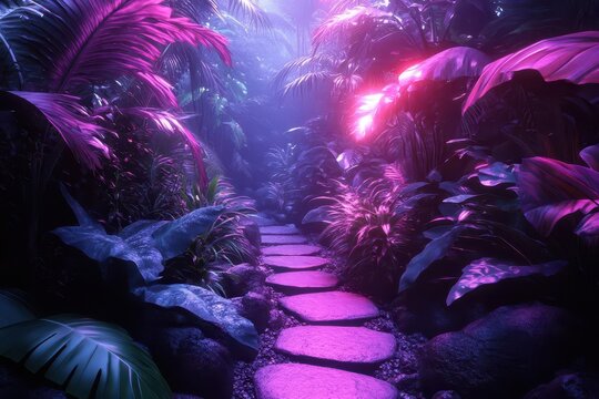 bioluminescent jungle scene with neonhued flora glowing in ultraviolet light exotic alienlike plants creating ethereal atmosphere