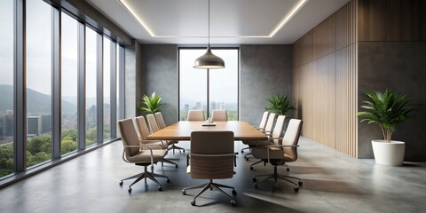 Fototapeta premium Solitary Solace: Serene conference room, isolated chair amidst muted tones, introspective mood