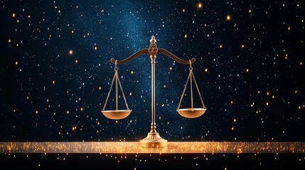 The scales of justice balanced on a beam of light, with morality and equality represented by glowing spheres