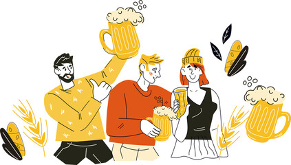 Oktoberfest or beer festival banner or party invitation backdrop design. Design with people raise a toast and clink glasses of beer doodle  illustration.