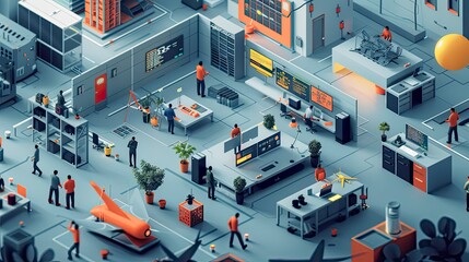 Fototapeta premium Engineers and designers working together on a new product prototype, with 3D models and coding screens, illustrating tech collaboration