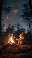 A tan-furred rabbit in a cozy sweater enjoys roasting marshmallows by the campfire as night falls and stars twinkle above