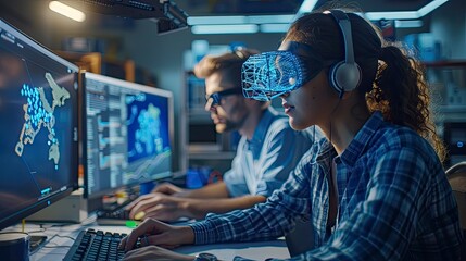 Engineers and designers working together on a new product prototype, with 3D models and coding screens, illustrating tech collaboration