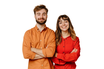 Happy Young Couple standing with their arms crossed Coordinated Orange and Red Outfits, looking at the camera and smiling Transparent Background