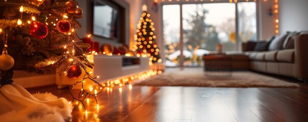 Cozy Christmas living room with candles and decorated tree in minimalist design