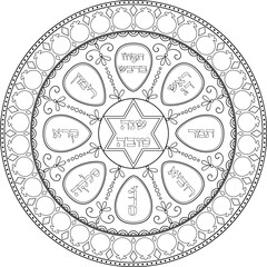 Rosh Hashanah coloring page of traditional meal plate with hebrew dish titles. Judaica decorative illustration
