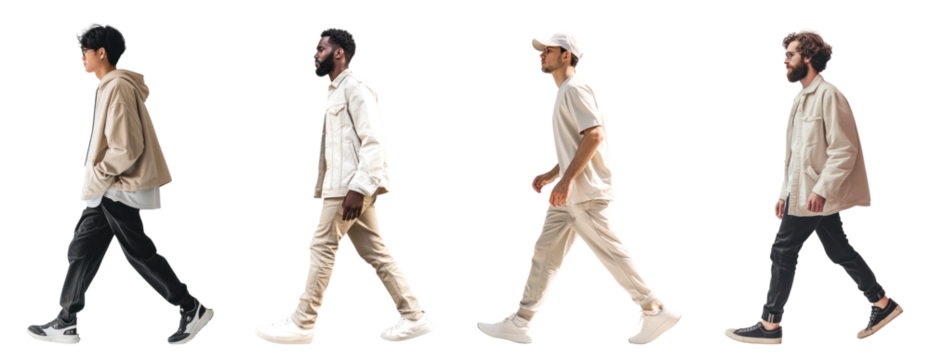 Walking diverse men full body png cut out element set