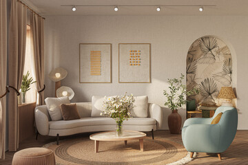 Cozy home interior in light pastel colors with arched wall, hardwood flooring and cozy furniture. Interior mockup, 3d rendering	
