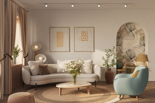 Cozy home interior in light pastel colors with arched wall, hardwood flooring and cozy furniture. Interior mockup, 3d rendering	
