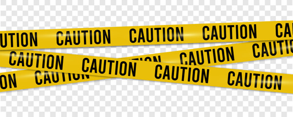 Caution warning tape with yellow and black stripes. Realistic crossed tape for construction area, crime scene or danger zone. Police warning crossed ribbon at transparent background.