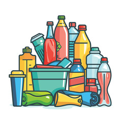 Colorful cartoon illustration of plastic bottles and recycling bins.
