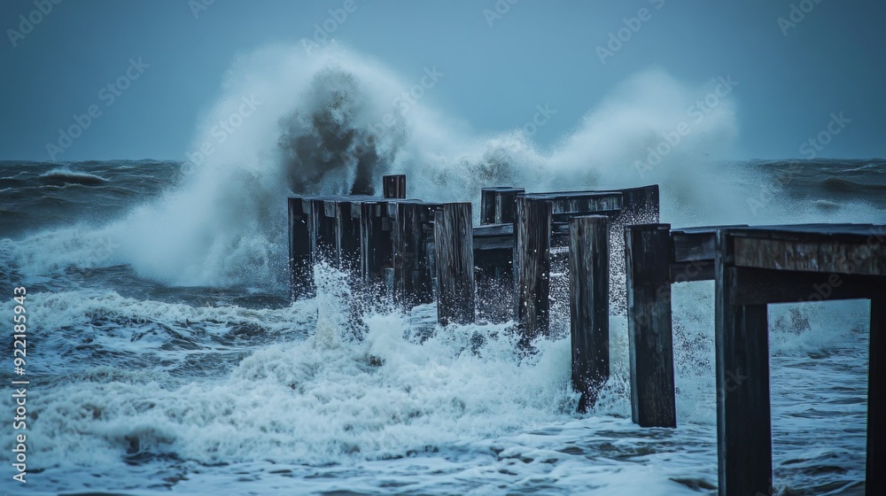 Poster a close-up of waves crashing over a storm-beaten pier, with splashing water and rugged structures il