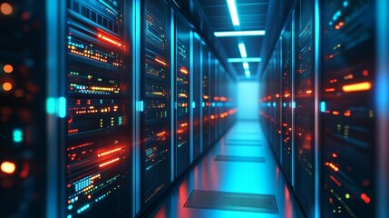 3D Render of Glowing Server Room with Abstract Technology Background