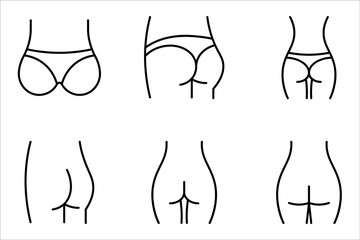 Female buttocks icon set, butt or ass line art, buttock augmentation vector illustration on white background